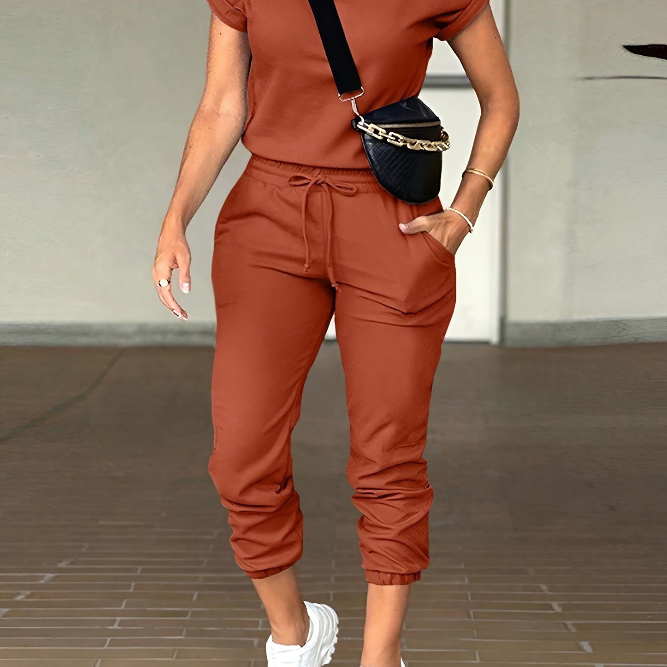 2pcs Women Solid Color Round Neck Short Sleeve Top and Drawstring Long Pants Casual Suit