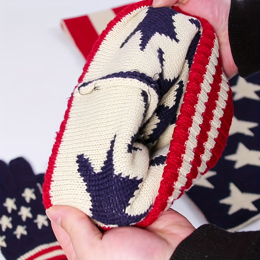 Women'S Winter Warm Knit 3pcs Set Flag Print Hat Scarf Gloves Set