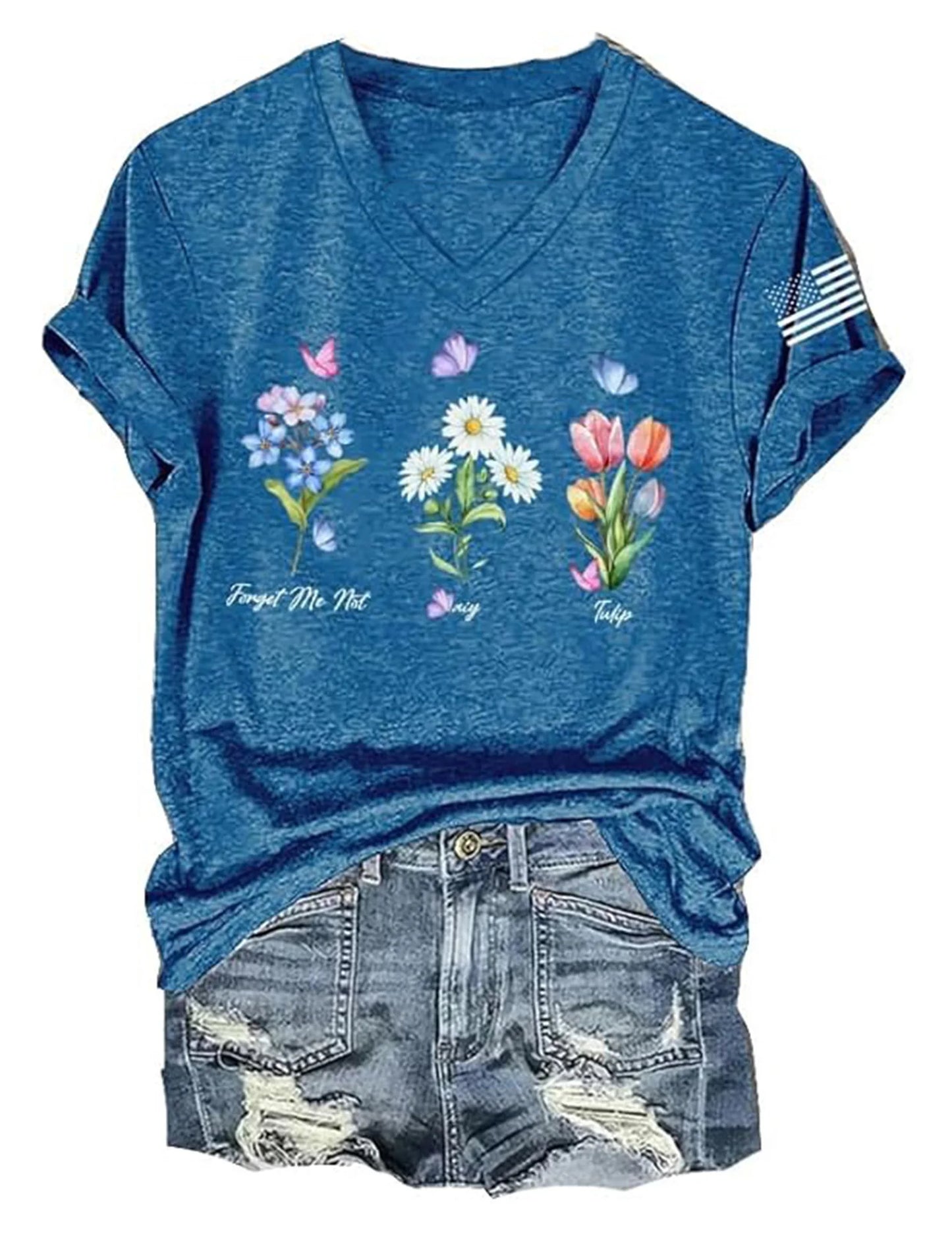 Floral Women T-Shirt Short Sleeve V Neck Trendy Beach Vacation Casual Summer Outfits