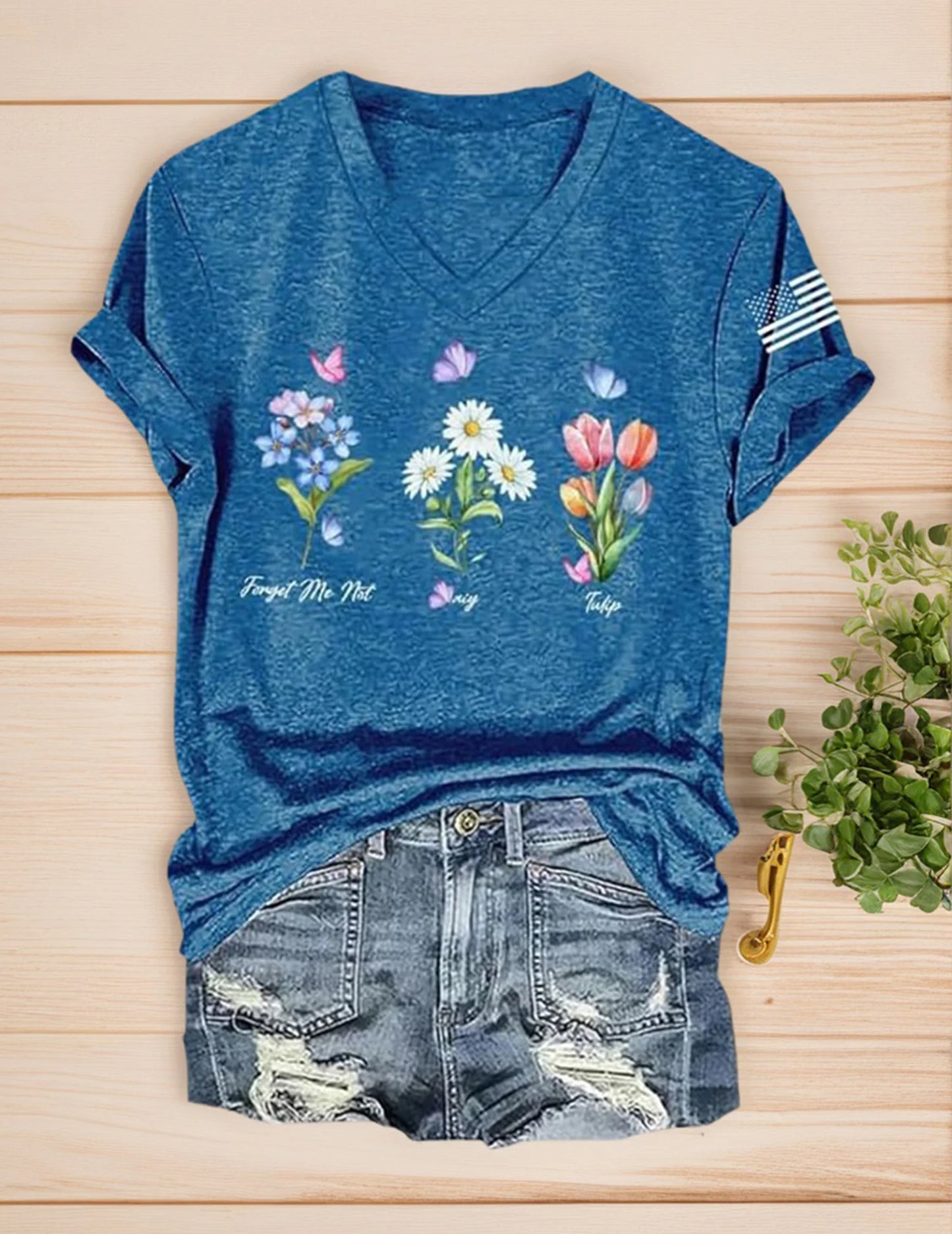 Floral Women T-Shirt Short Sleeve V Neck Trendy Beach Vacation Casual Summer Outfits