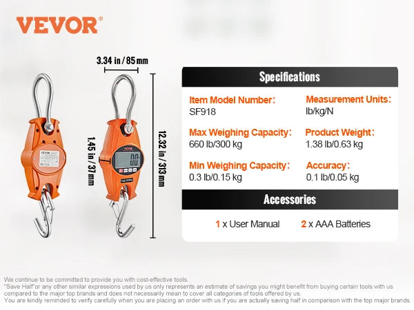 VEVOR 300/400 kg Digital Crane Scale Heavy Duty Hanging Scale