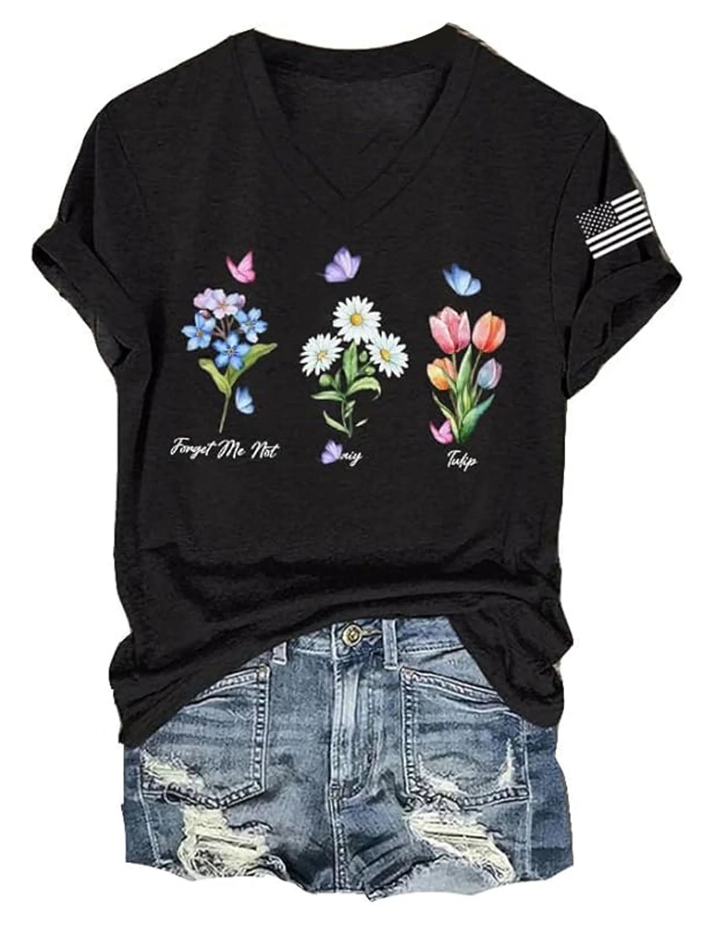 Floral Women T-Shirt Short Sleeve V Neck Trendy Beach Vacation Casual Summer Outfits