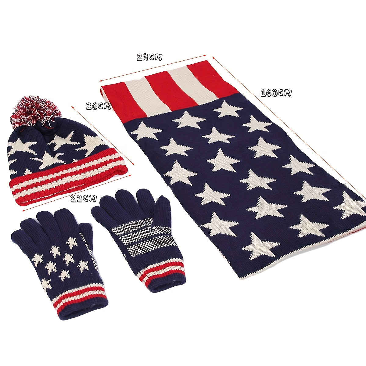 Women'S Winter Warm Knit 3pcs Set Flag Print Hat Scarf Gloves Set