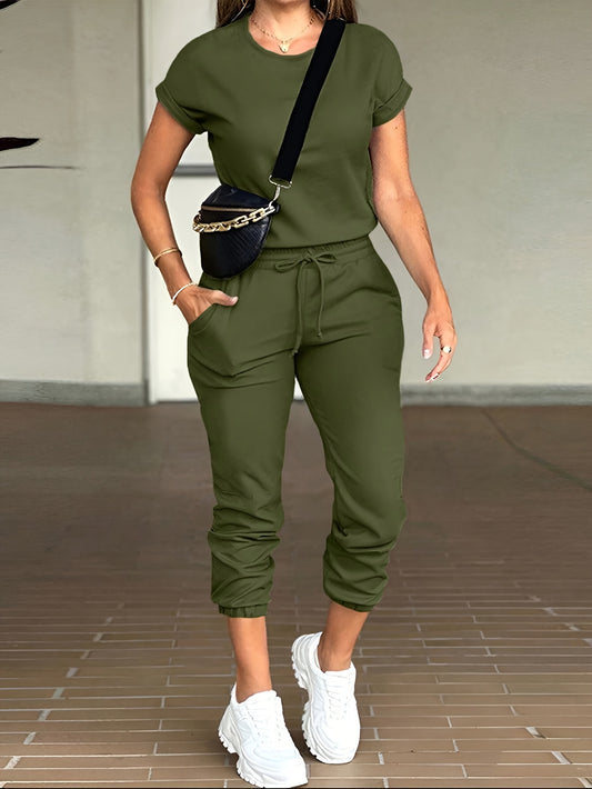 2pcs Women Solid Color Round Neck Short Sleeve Top and Drawstring Long Pants Casual Suit
