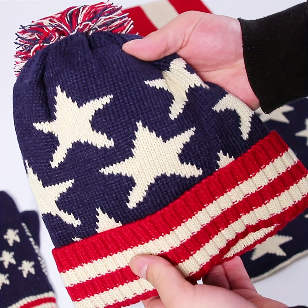 Women'S Winter Warm Knit 3pcs Set Flag Print Hat Scarf Gloves Set