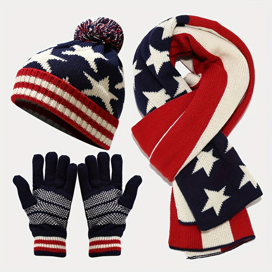 Women'S Winter Warm Knit 3pcs Set Flag Print Hat Scarf Gloves Set
