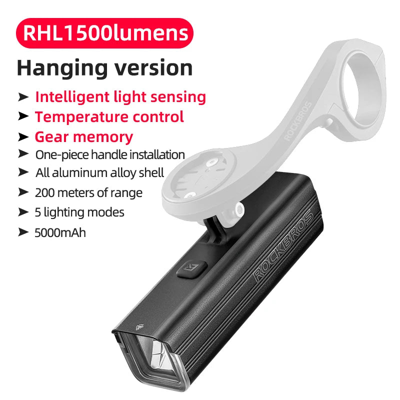ROCKBROS Bicycle Light 1500LM Aluminum Alloy Type-C Charging Smart Bike Front Lights