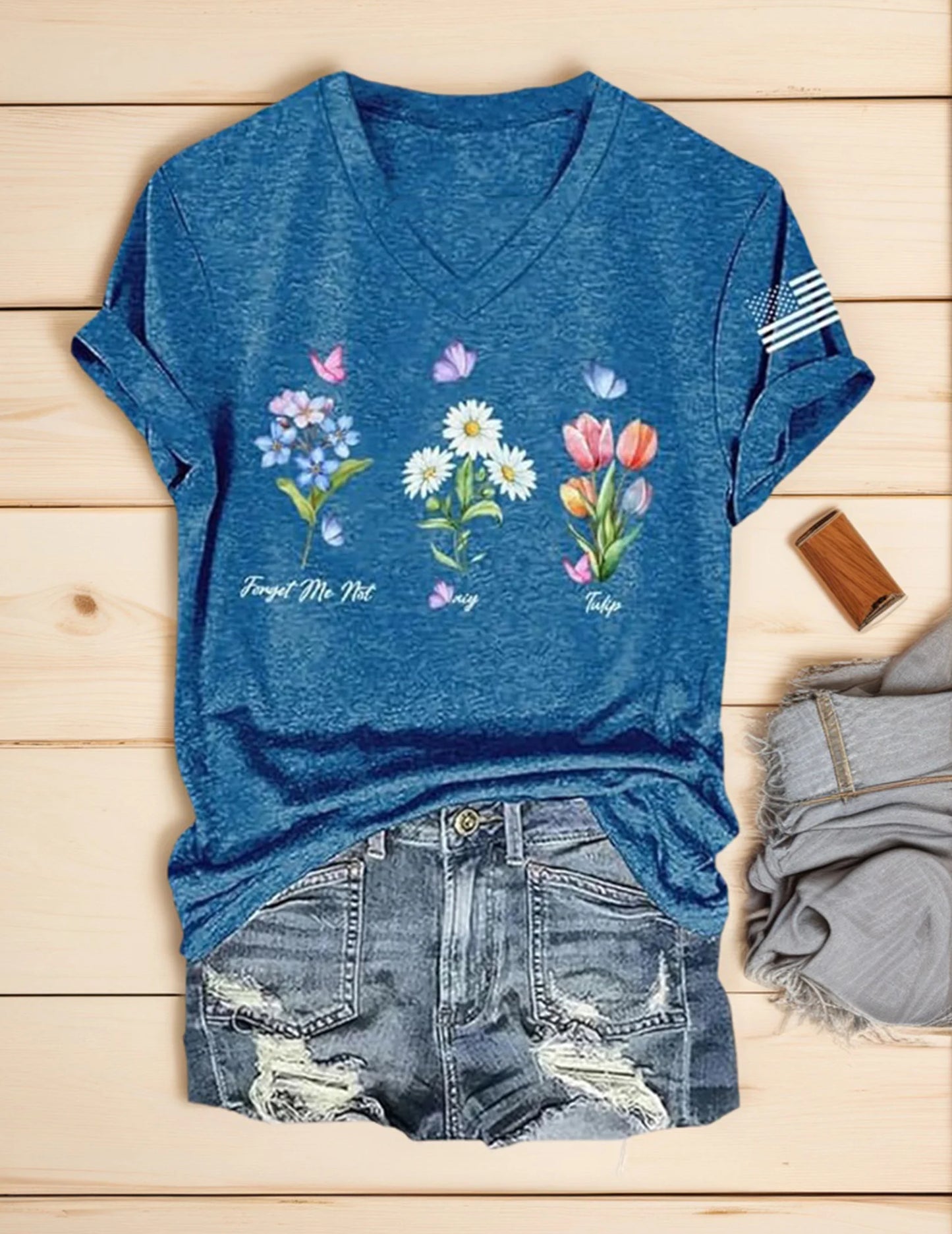 Floral Women T-Shirt Short Sleeve V Neck Trendy Beach Vacation Casual Summer Outfits