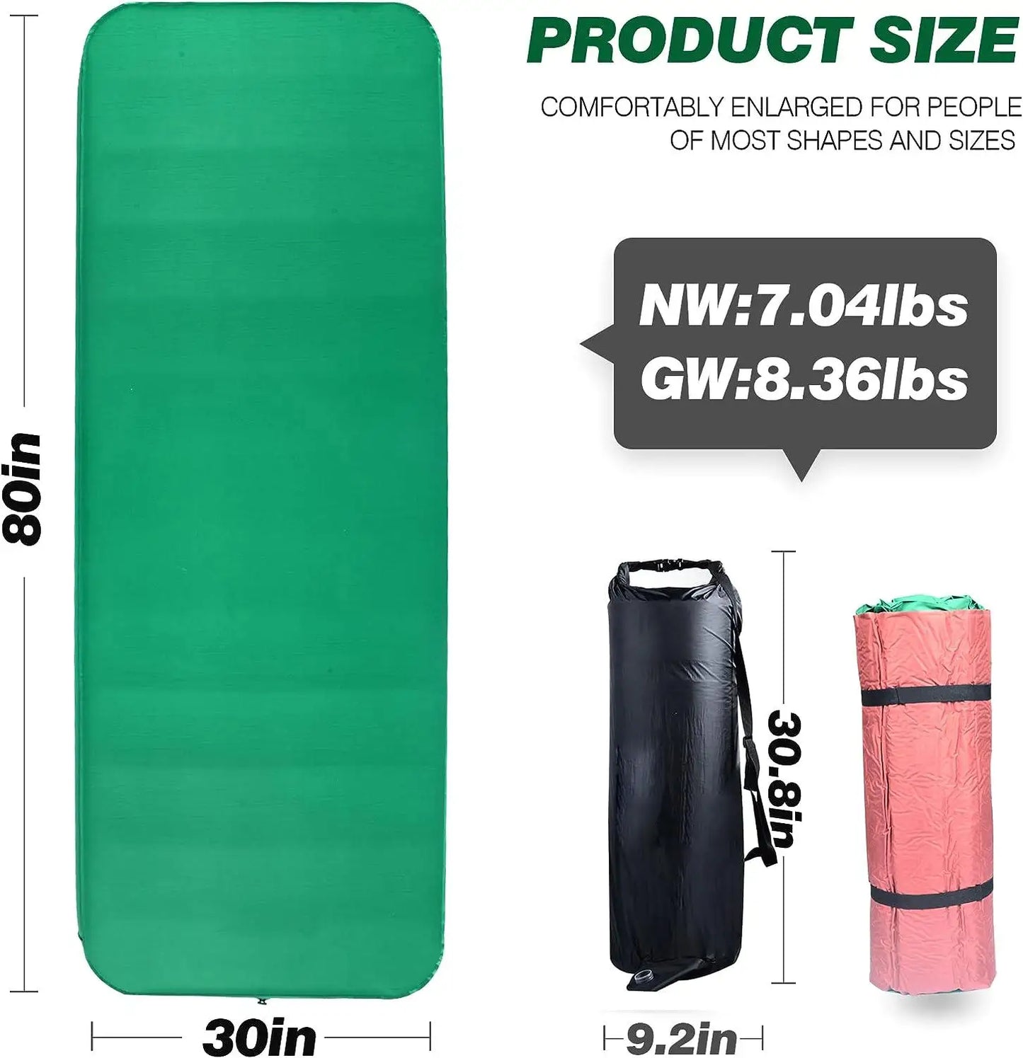 4-Inch Self-Inflating Camping Sleeping Pad 80x30 Memory Foam