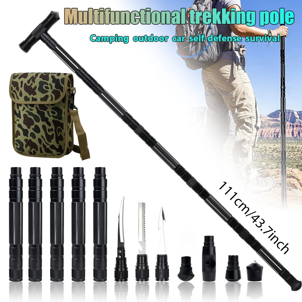 Multi Mountaineering Stick with Camouflage Backpack T-shaped Retractable Folding Stick