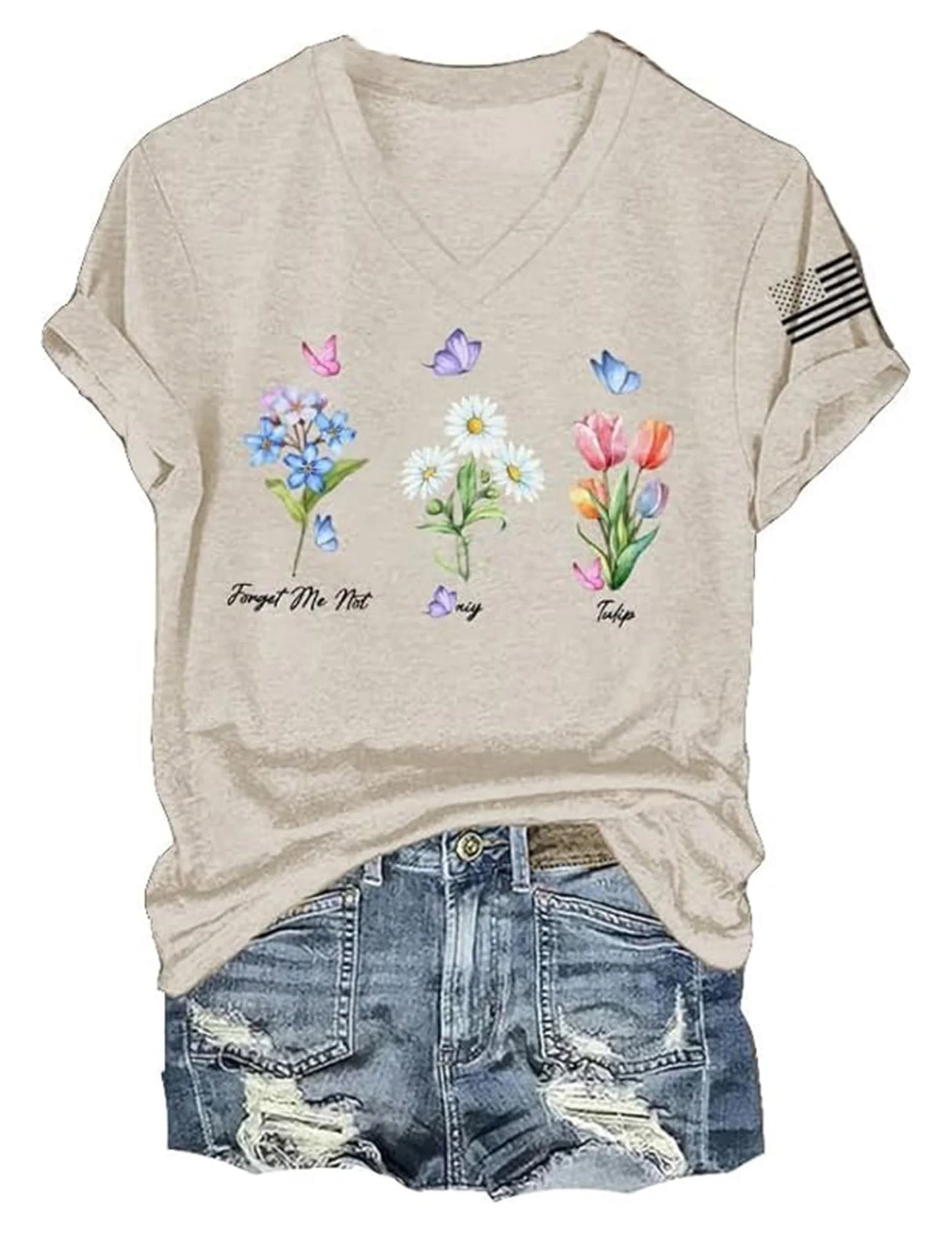 Floral Women T-Shirt Short Sleeve V Neck Trendy Beach Vacation Casual Summer Outfits