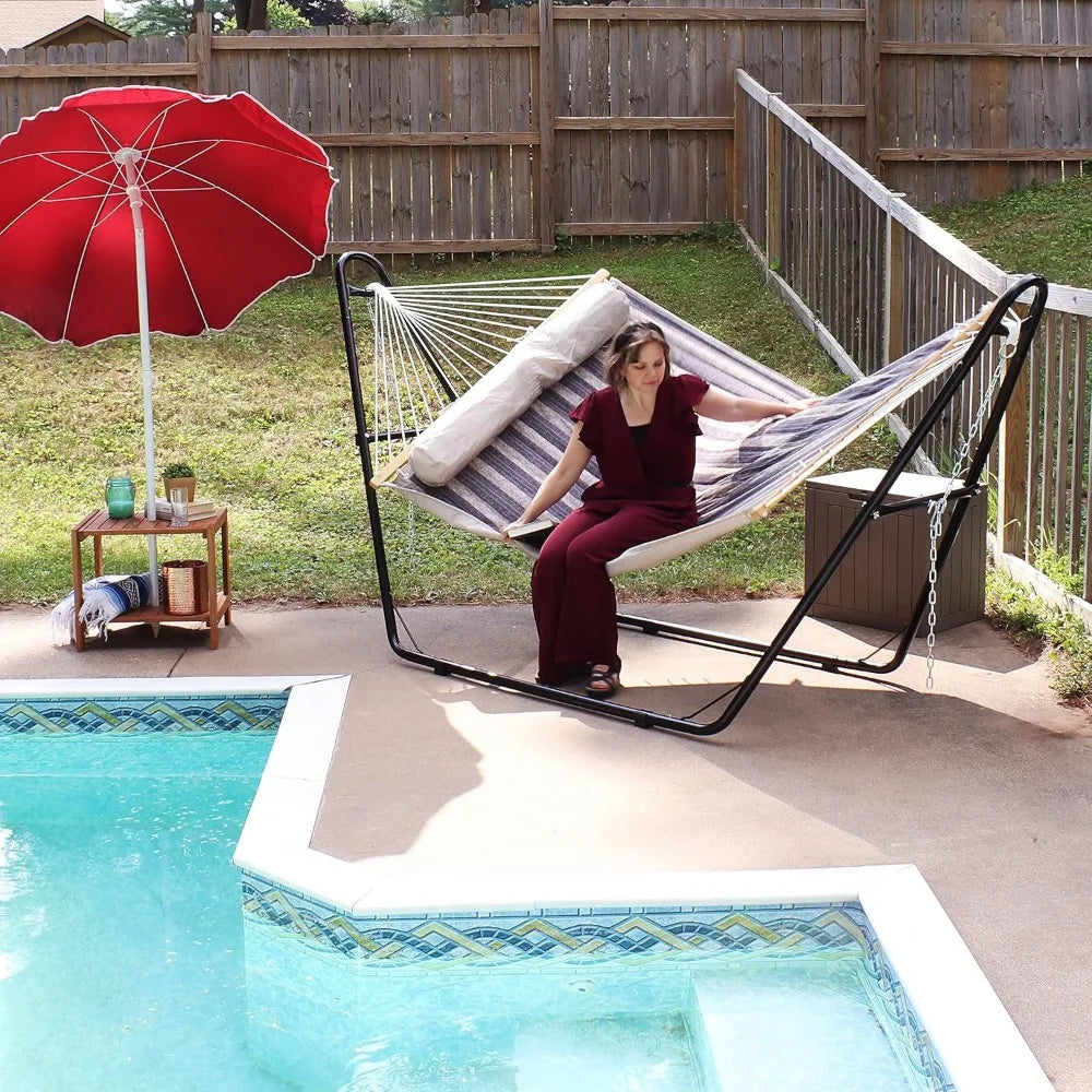 Double Quilted Fabric Hammock with Universal Steel Stand 450-Pound Capacity Black Stand