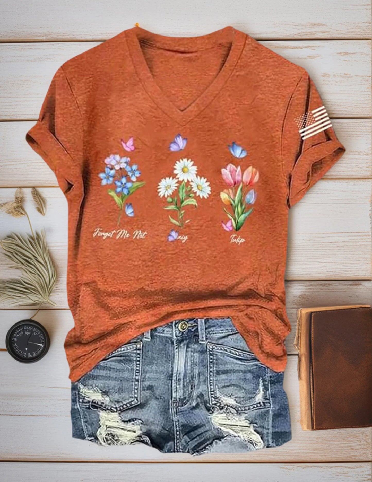 Floral Women T-Shirt Short Sleeve V Neck Trendy Beach Vacation Casual Summer Outfits