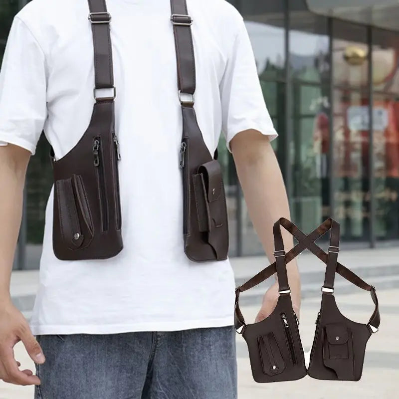 Double Shoulder Strap Multi-Pocket Outdoor Anti-Theft Tactical Fishing Bag Waterproof PU Multi-Purpose Men's Crossbody Bags