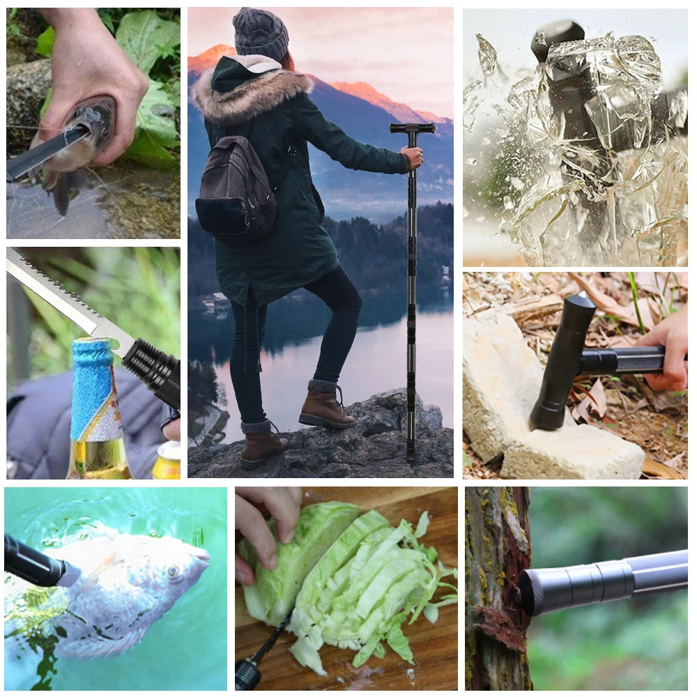 Multi Mountaineering Stick with Camouflage Backpack T-shaped Retractable Folding Stick