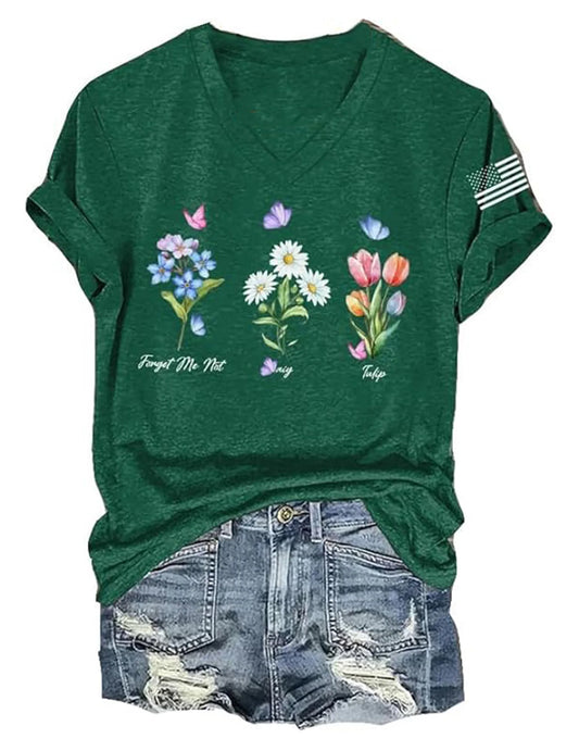 Floral Women T-Shirt Short Sleeve V Neck Trendy Beach Vacation Casual Summer Outfits