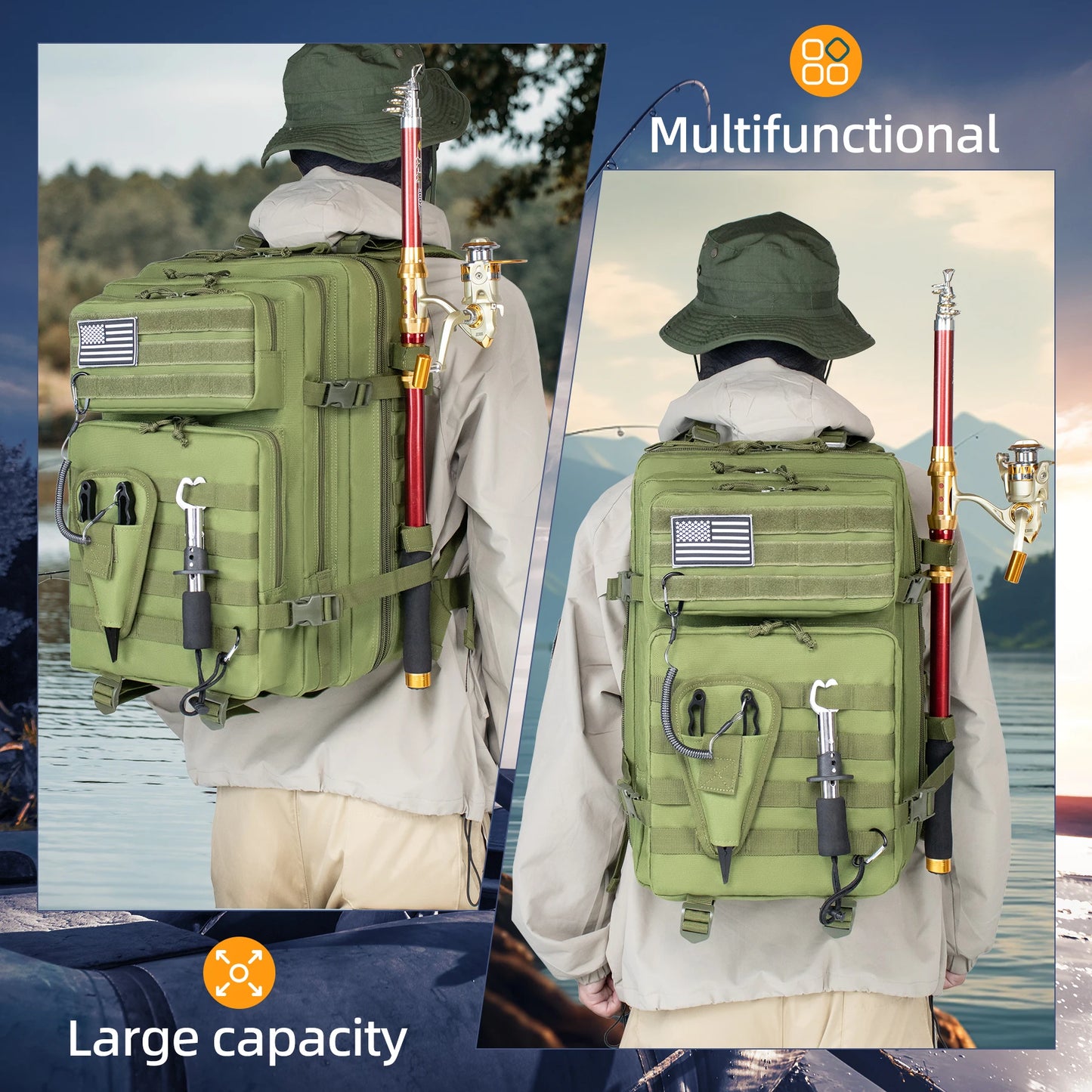 45L Fishing Hunting Bag Tactical Backpack Men's Travel Rucksack