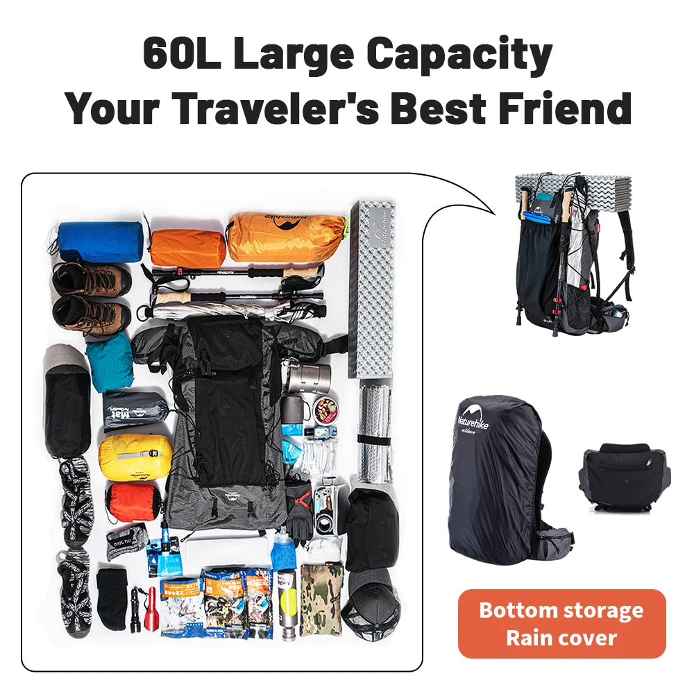 Naturehike Hiking Backpack Outdoor Sports Bag 60+5L Waterproof