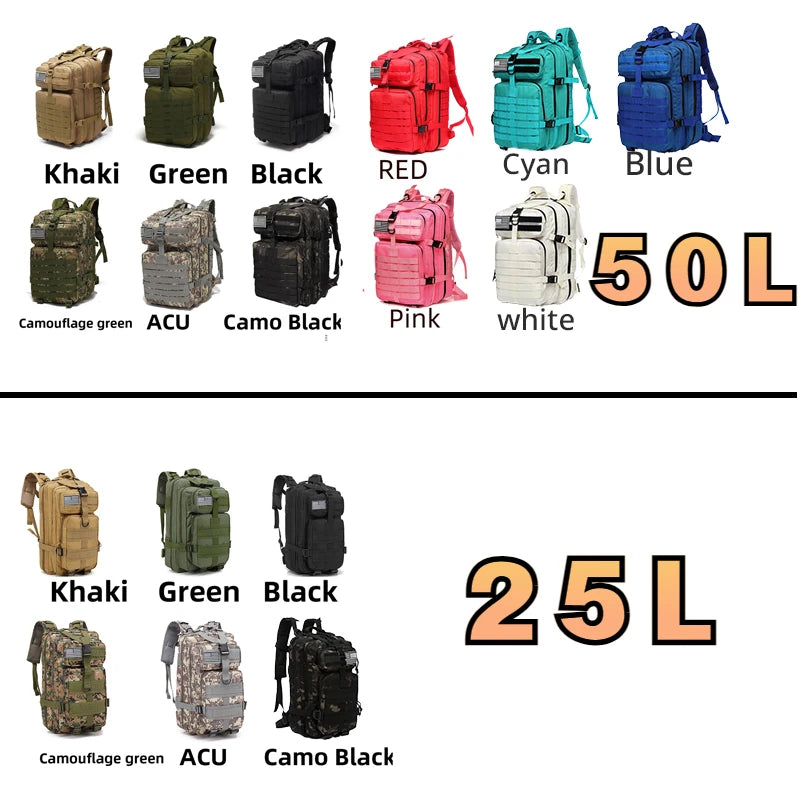 25L/50L Sturdy Nylon Waterproof Tactical Sports Bag Backpack