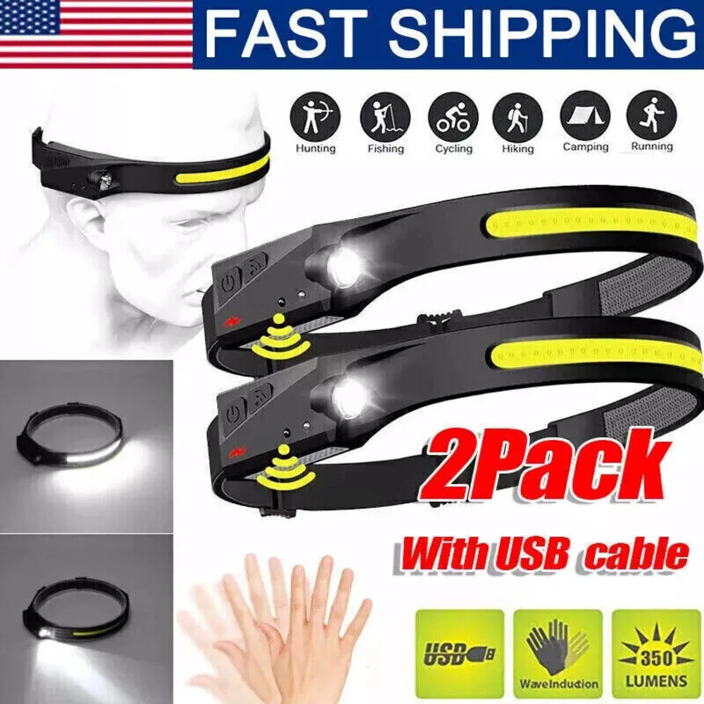 2PCS LED Headlamp USB Rechargeable Headlight Torch Work Light