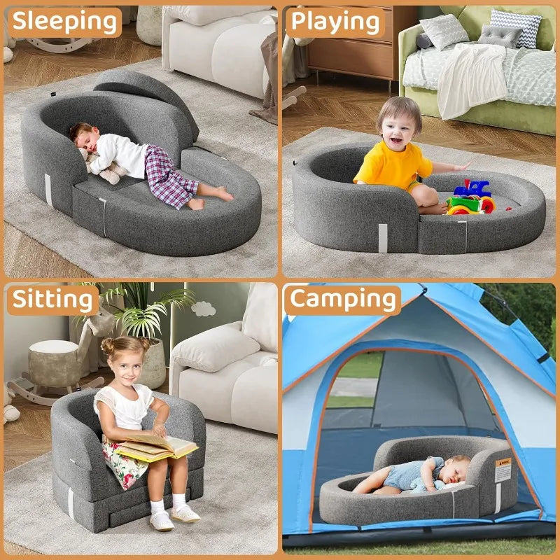 Toddler Travel Bed 2-in-1 Kids Sofa Chair with Removable Cover Soft Foam Portable Foldable for Carrying Bag