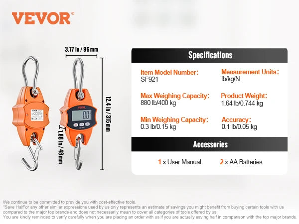VEVOR 300/400 kg Digital Crane Scale Heavy Duty Hanging Scale