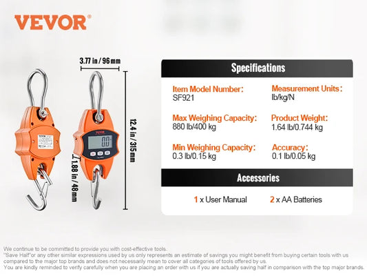 VEVOR 300/400 kg Digital Crane Scale Heavy Duty Hanging Scale