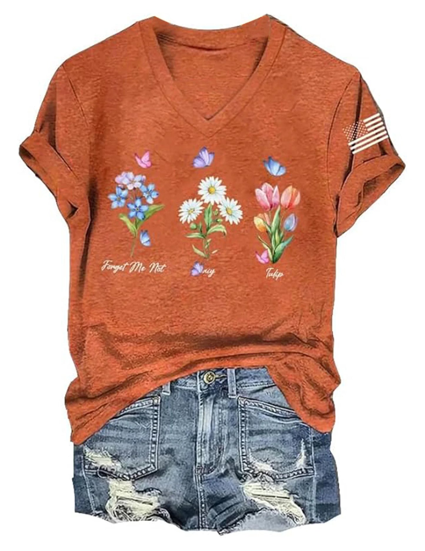 Floral Women T-Shirt Short Sleeve V Neck Trendy Beach Vacation Casual Summer Outfits