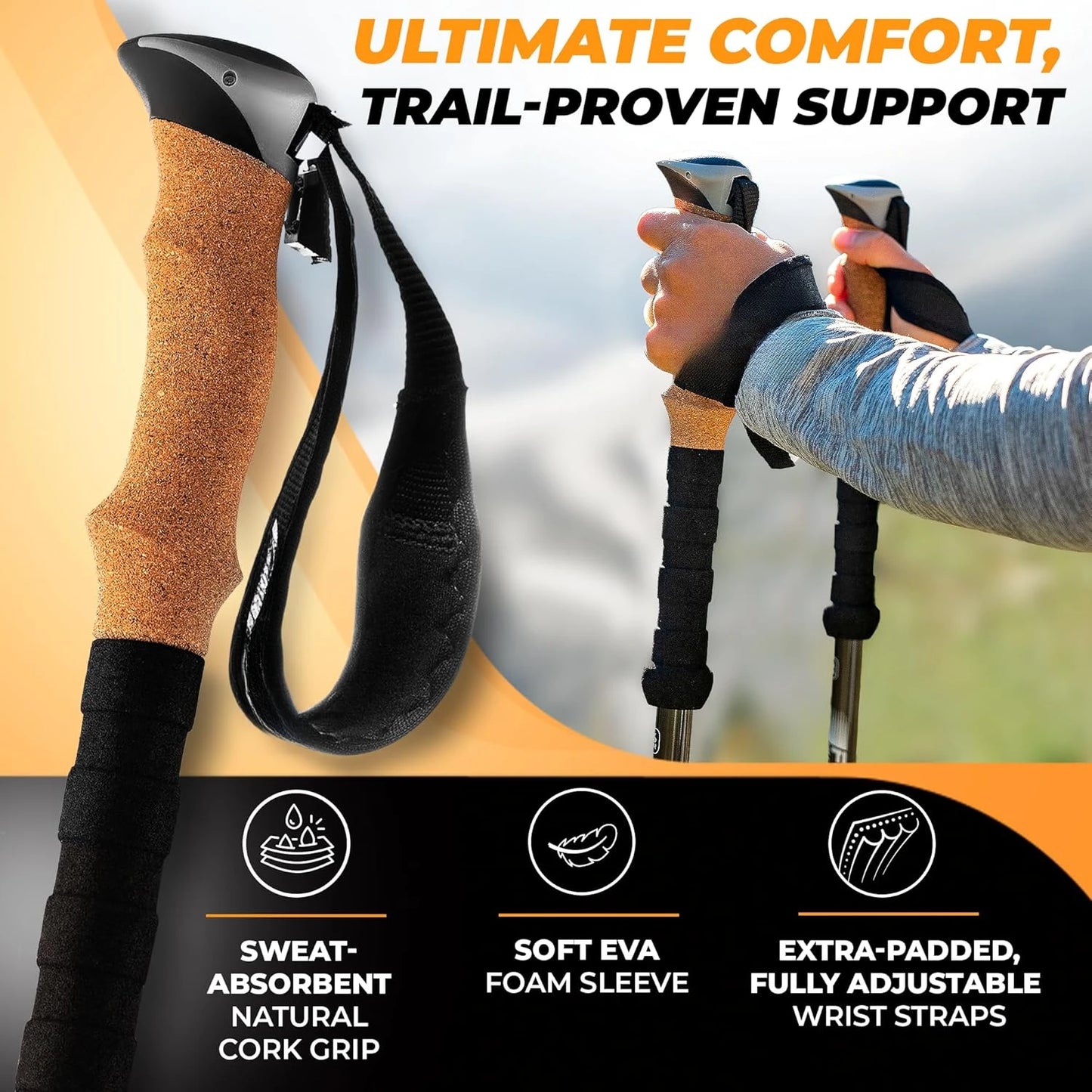 Trekking Poles – Lightweight Collapsible & Shock-Absorbent Hiking Poles w/Cork Grips