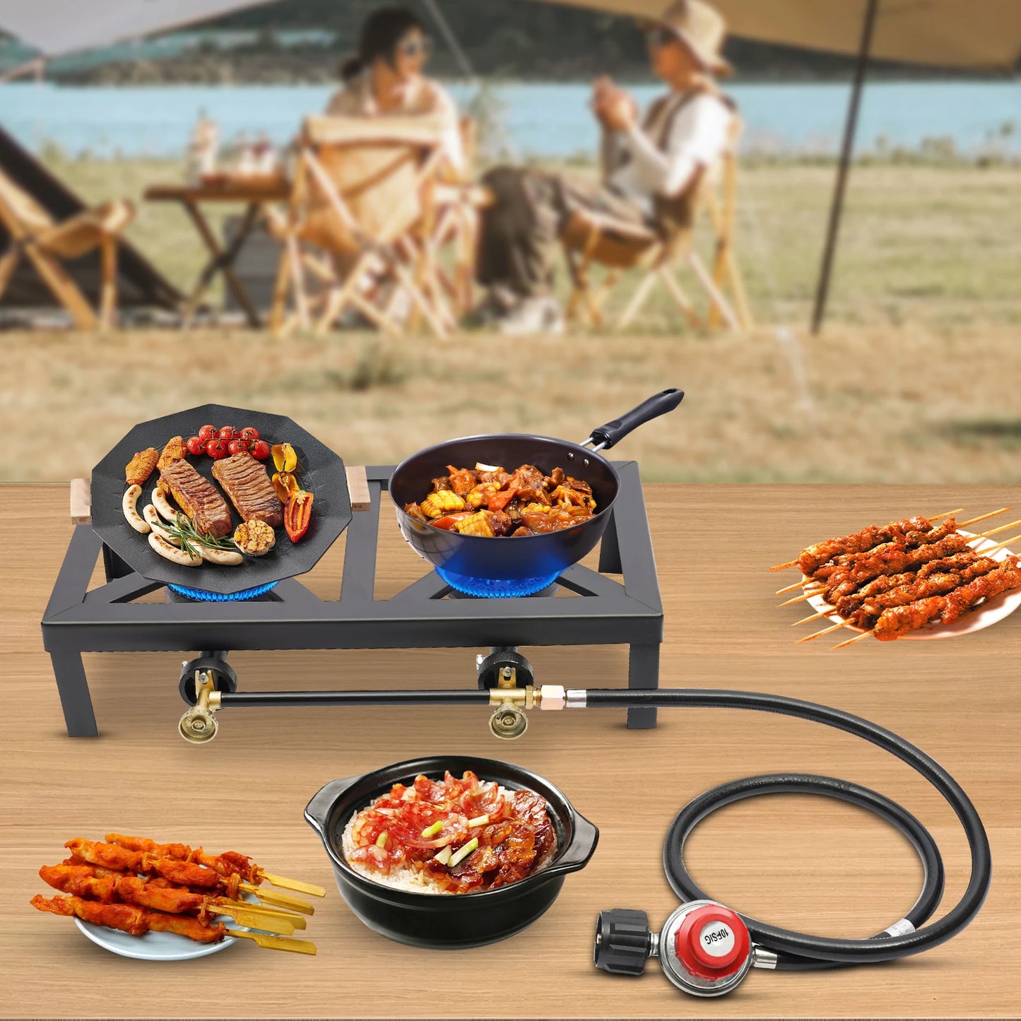Double Burner Gas Stove - Portable Camping Cooker 16000W