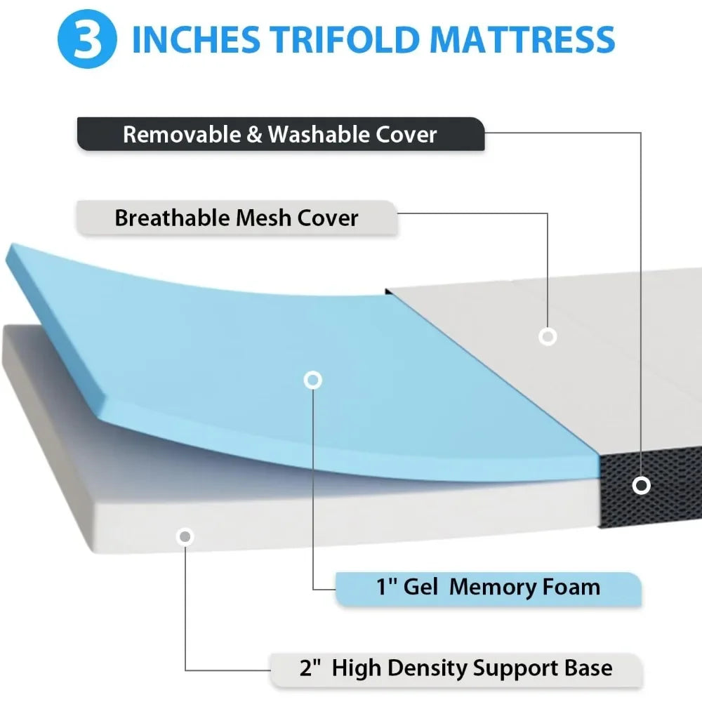 3 Inch Memory Foam Tri Folding Mattress for Camping Topper