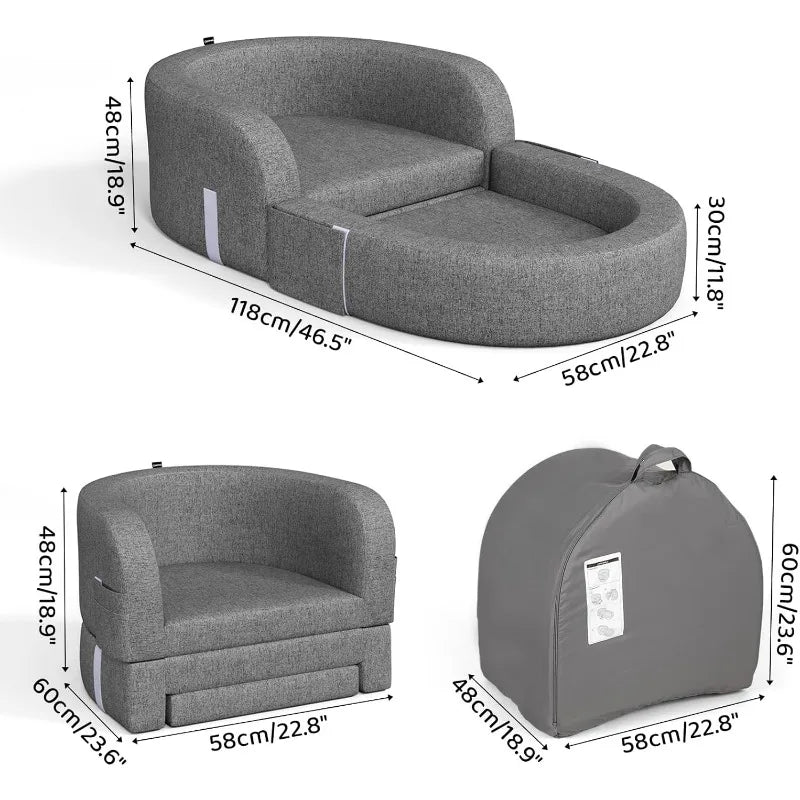 Toddler Travel Bed 2-in-1 Kids Sofa Chair with Removable Cover Soft Foam Portable Foldable for Carrying Bag