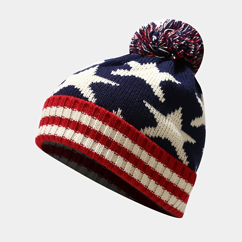Women'S Winter Warm Knit 3pcs Set Flag Print Hat Scarf Gloves Set