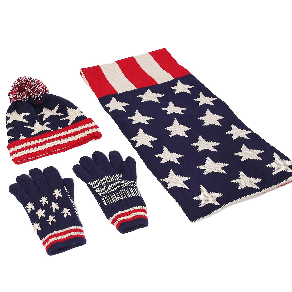 Women'S Winter Warm Knit 3pcs Set Flag Print Hat Scarf Gloves Set
